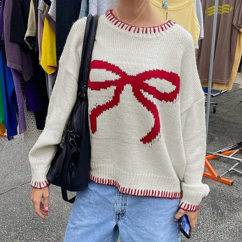 White Casual Long Sleeve Women's Sweater with Bow Decor - Picture 4 of 8